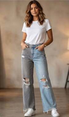 Ceros Two-Toned Distressed Raw Hem Wide Leg Jeans